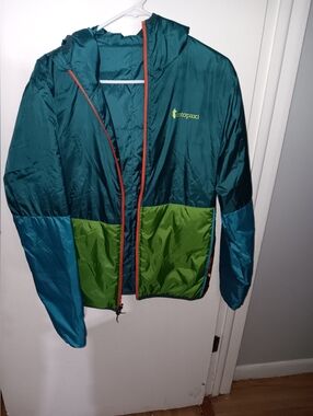 cotopaxi Teal, Green & Blue Colorblock Hooded Puffer Jacket